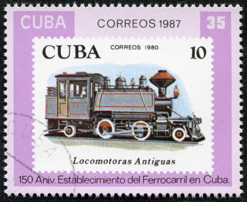 古巴印着古董火车头的邮票
