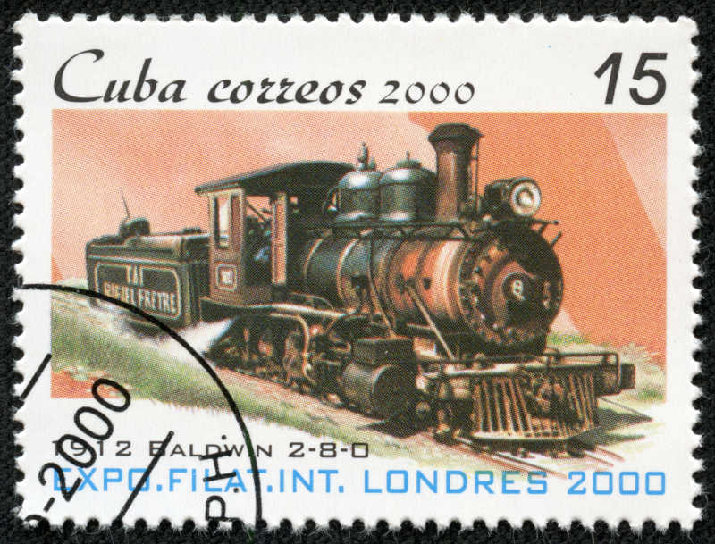 古巴印着蒸汽机车图案的邮票