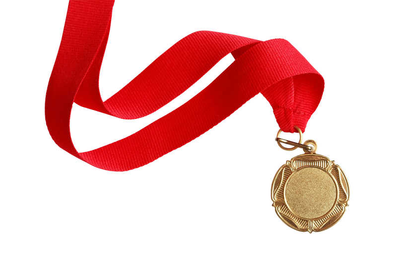 白色背景上有长长的红色丝带的金质奖章