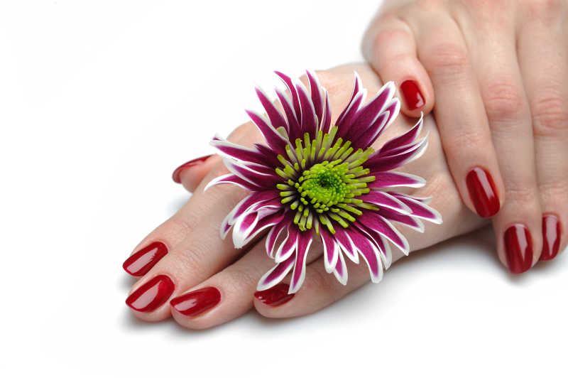 女人涂着指甲戴着花的手