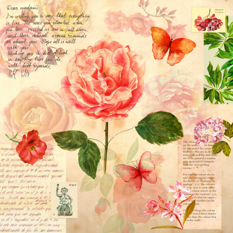 复古风格的拼贴与维多利亚玫瑰和其他花卉