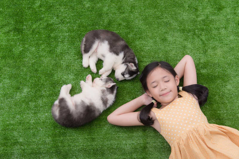 可爱的亚洲女孩和她的小狗躺在草地上