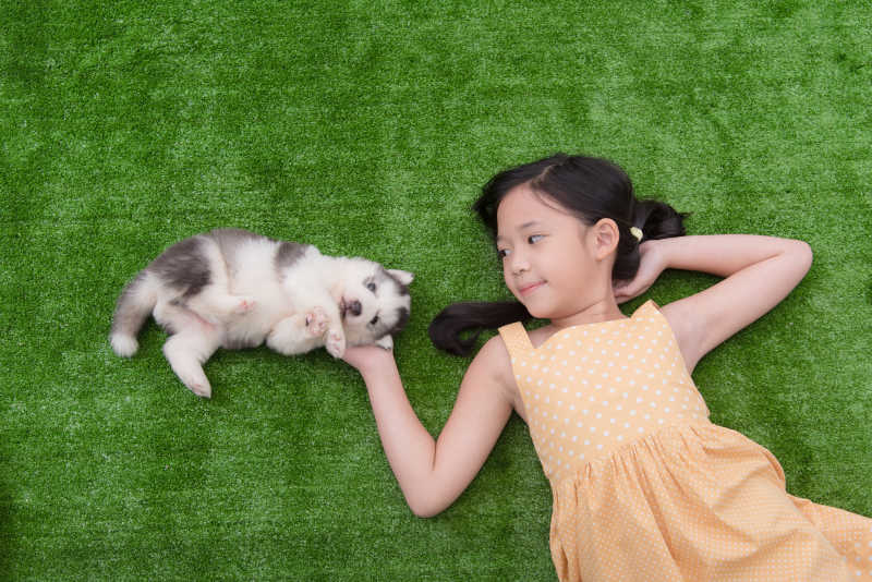 在草地上躺着的可爱的亚洲女孩和她的小狗