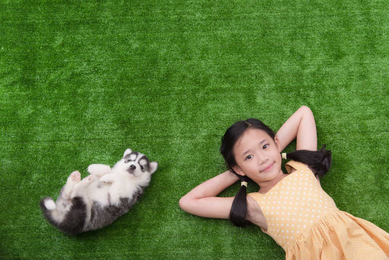 可爱的女孩和她的小狗躺在草地上
