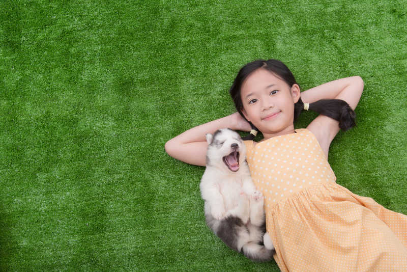 躺在草地上的女孩和她的小狗