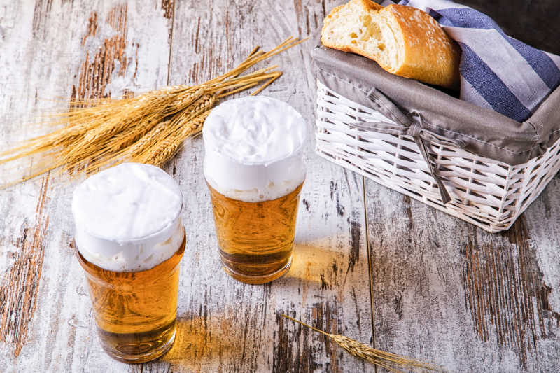桌子上的大麦和两杯啤酒