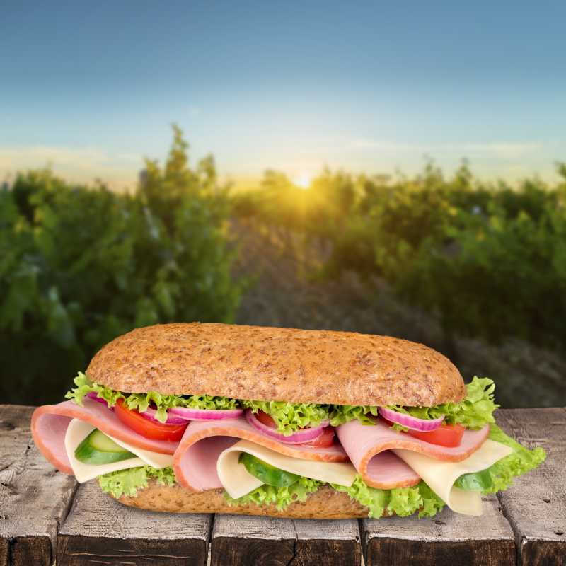 晴天树木阳光背景下木板上的夹肉三明治