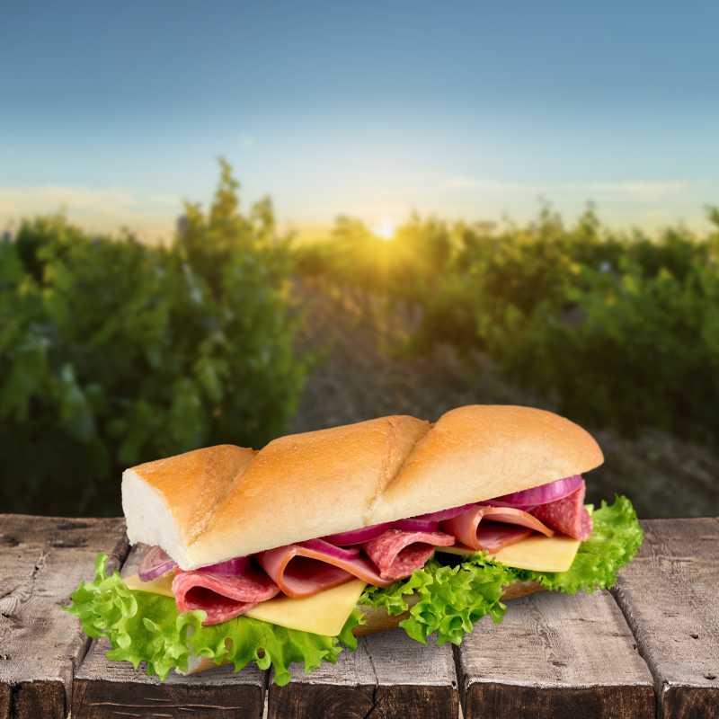 晴天树木阳光下的木板上的夹肉汉堡包