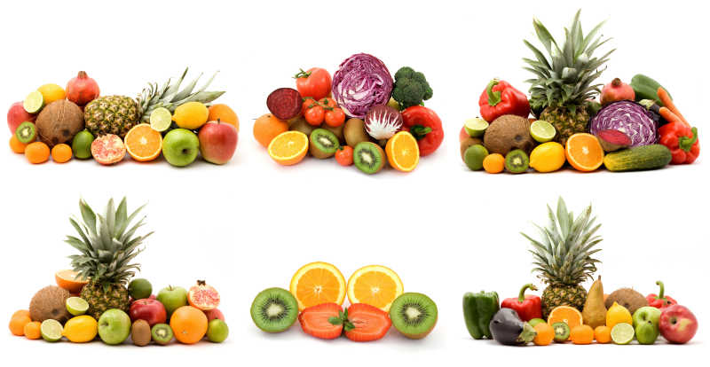 白色背景下的各种水果和蔬菜