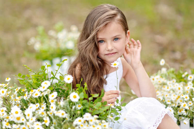 一个美丽的小女孩在花草中的画像