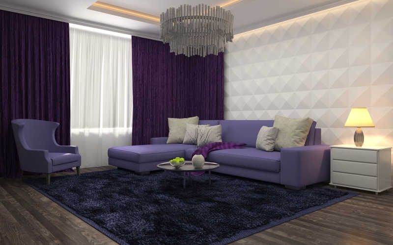 紫色高档沙发在室内的效果