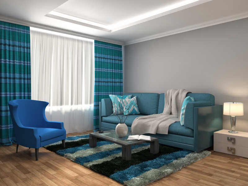 室内蓝绿色沙发摆放效果三维设计