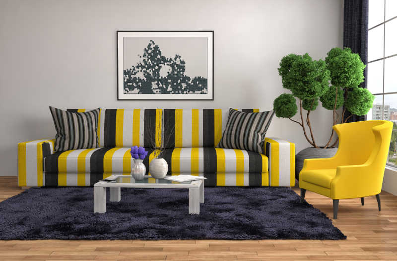 黄色白色和褐色条纹沙发在室内摆放的效果设计