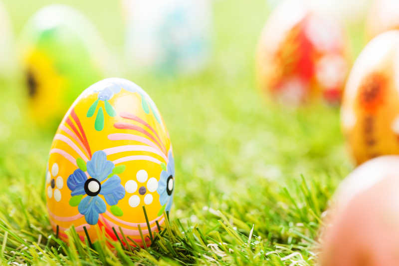 草地上彩色的复活节彩蛋