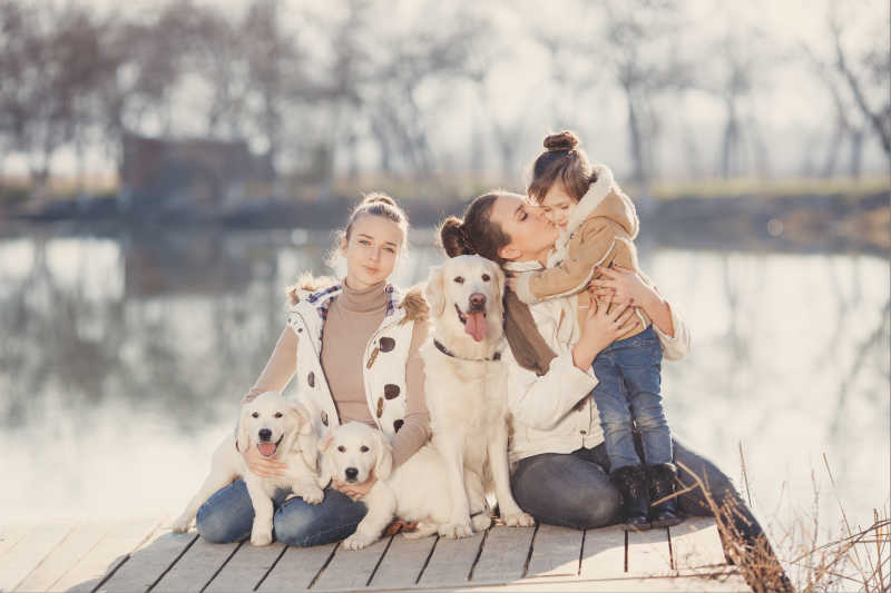 湖边带着宠物狗放松的家庭