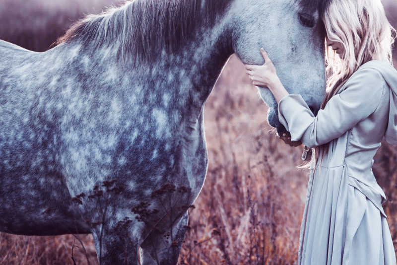 美女模特和马头额间相触唯美写着