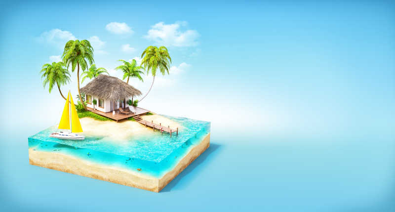 蓝天背景下的热带岛屿模型
