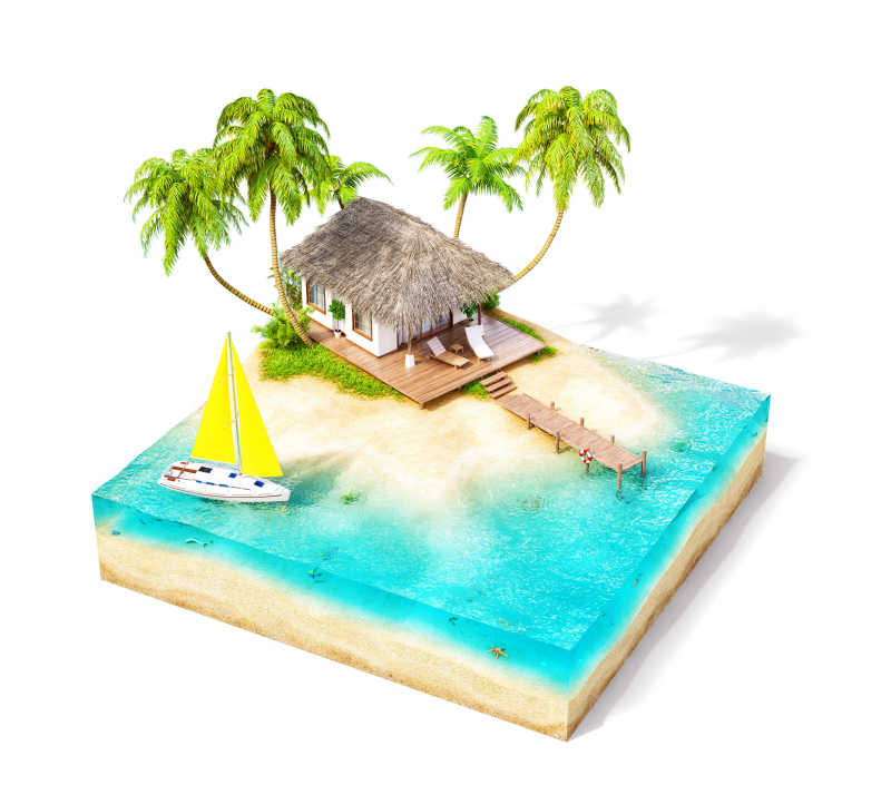 白色背景下3D艺术热带岛屿模型