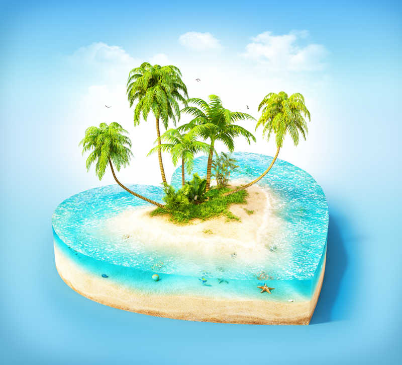 蓝天背景下心状热带岛屿3D模型
