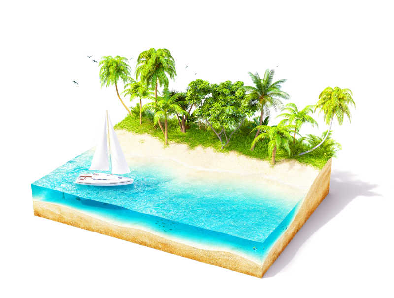 白色背景下逼真的热带岛屿模型