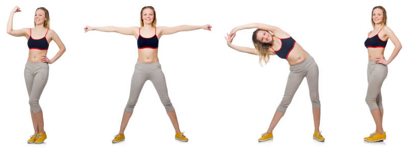 白色背景下练习不同姿势瑜伽的女孩
