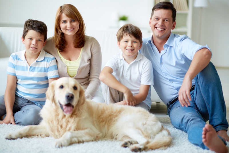 坐在地毯上的幸福的家庭和拉布拉多猎犬