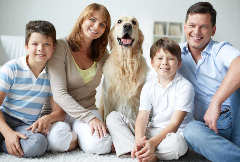 幸福的家庭和可爱的拉布拉多猎犬