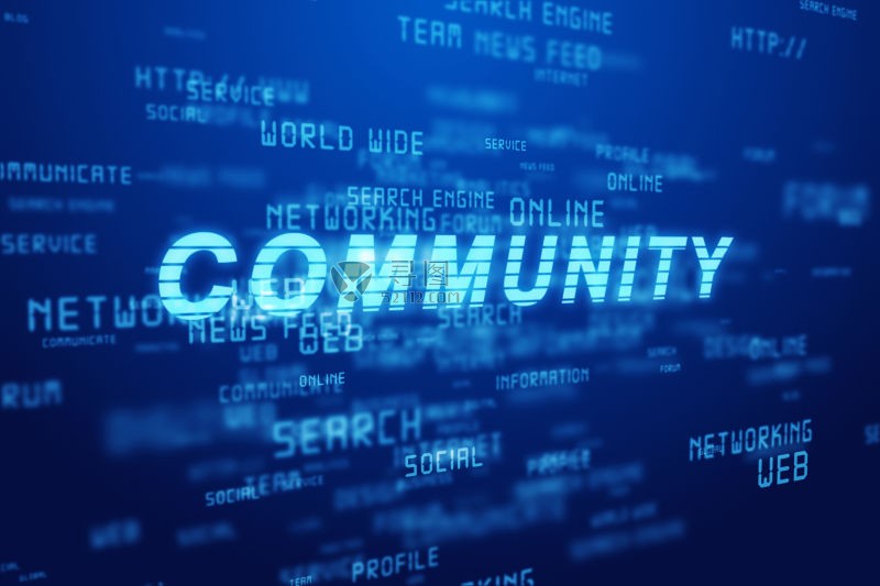 深蓝色背景中的社区强调概念的Web标签云