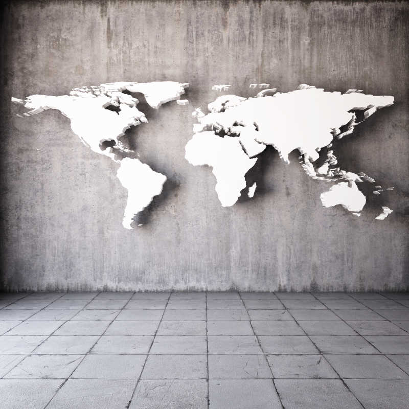 灰色背景墙上的白色世界地图板块