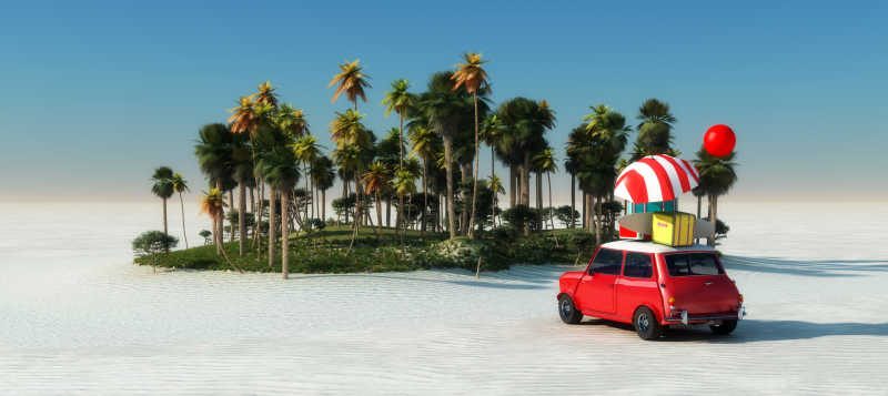 停在沙滩上的小红车