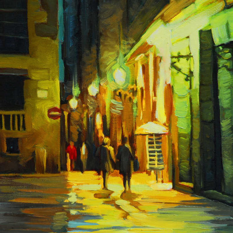 巴塞罗那街头夜景油画