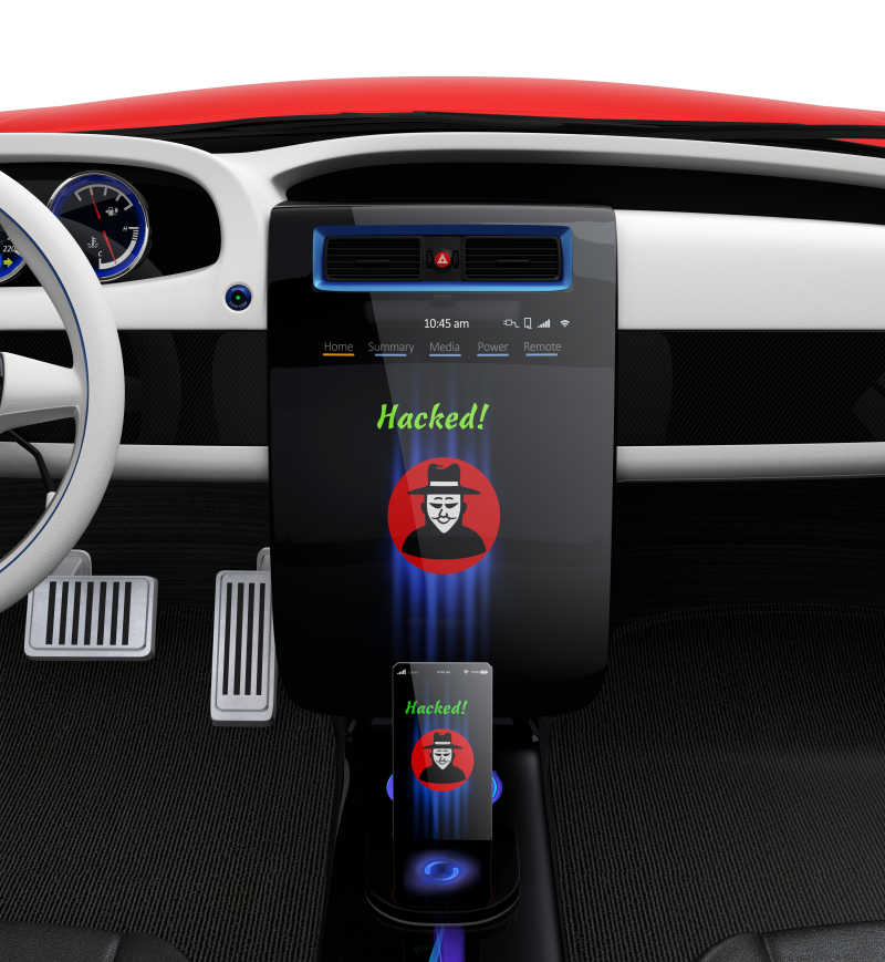 显示着黑客图标的汽车中心控制台和智能手机