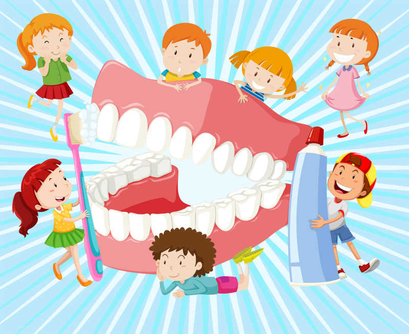 牙齿周围的一群卡通儿童