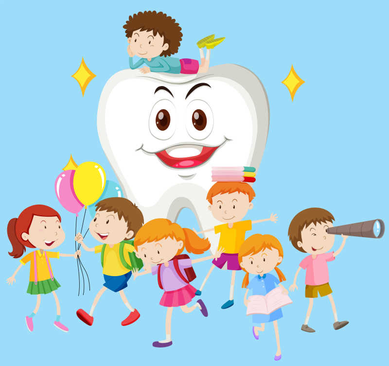 快乐的卡通儿童和清洁的牙齿