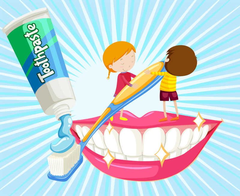 卡通男孩和女孩用牙刷刷牙