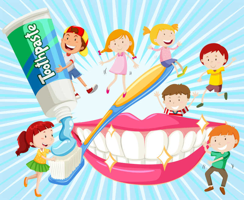 用牙刷清洁牙齿的卡通一群儿童