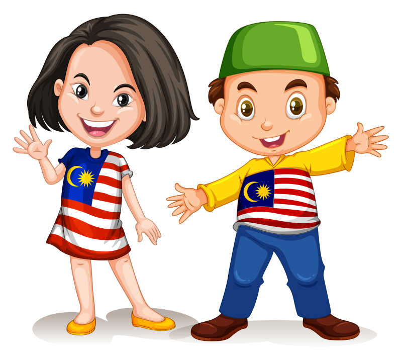 白色背景下马来西亚女孩和男孩造型插图