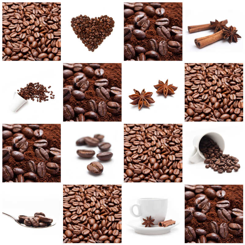 白色背景下不同种类的咖啡豆集锦