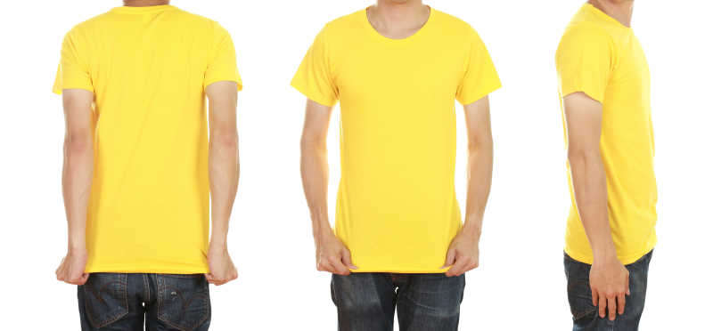 白色背景下亮黄色圆领T恤前后和侧面的效果