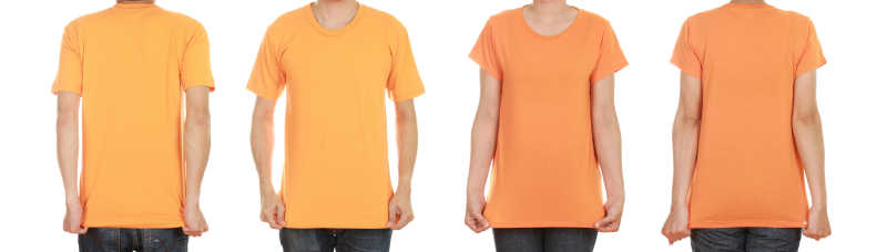 白色背景下橘黄色和黄色圆领T恤前后效果对比