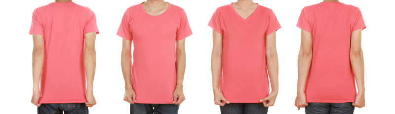 白色背景下粉色V领和圆领T恤前后效果对比