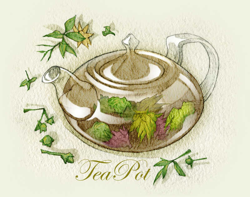 透明茶壶和花茶的水彩插画