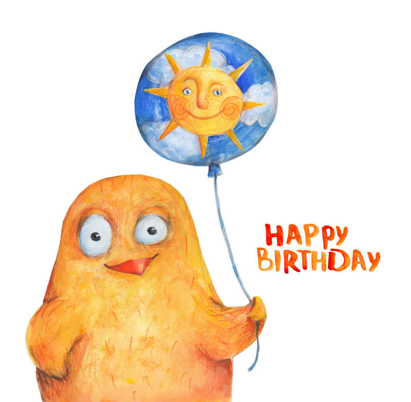 拿热气球的小鸡插画表达生日快乐