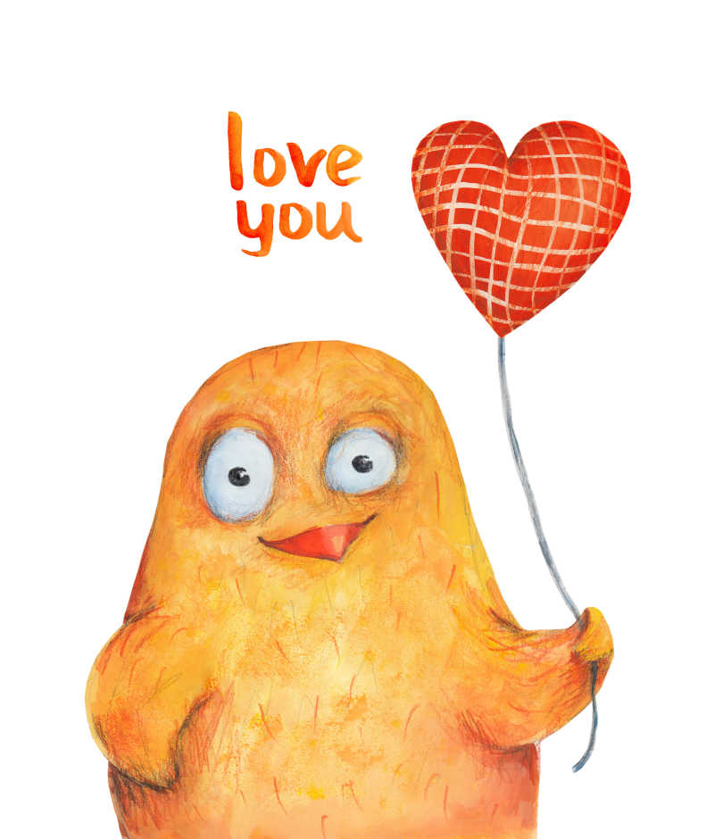 带着红心气球的小鸡表达爱的插画