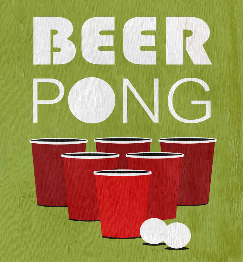 绿色背景上的红色啤酒杯和白色乒乓球游戏设计