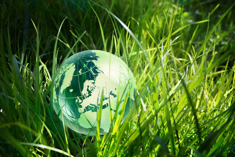 绿草地上的玻璃球