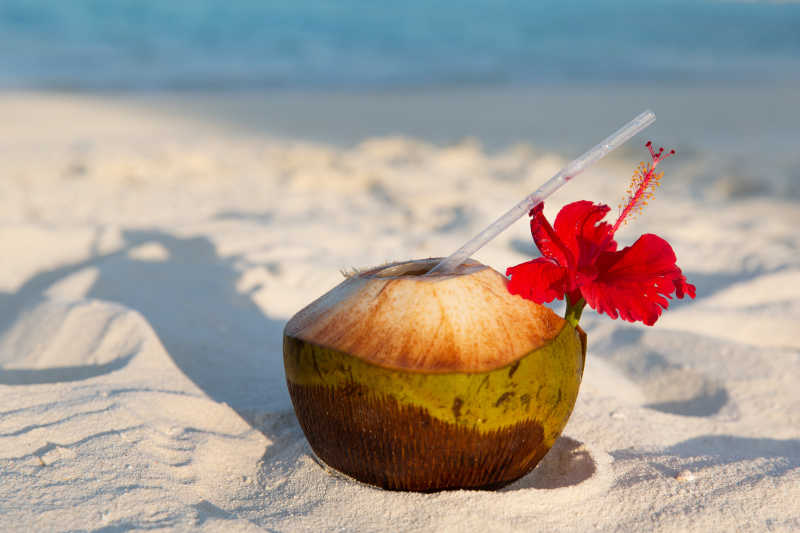 异国情调的热带马尔代夫海滩椰子饮料