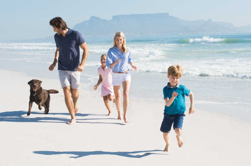 在海滩上与宠物狗一起奔跑的幸福家庭