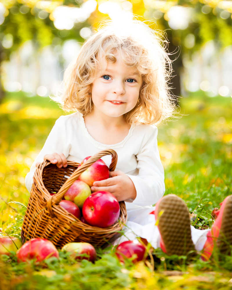 微笑的孩子在秋天公园拿着一篮子苹果
