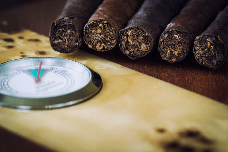 雪茄和雪茄的质量与湿度计的特写
